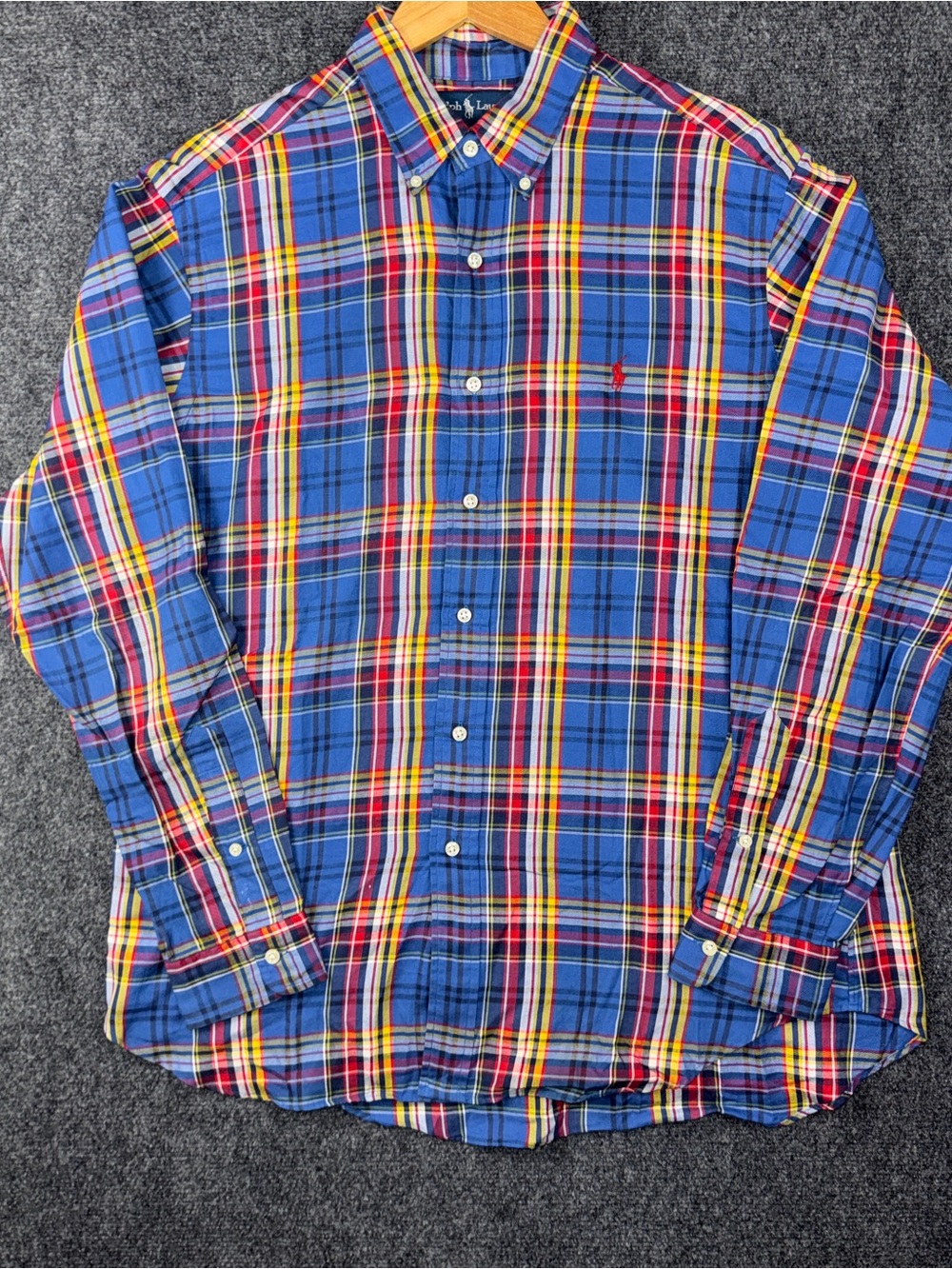 Ralph Lauren Shirt Mens Large Blue Plaid Classic Fit Button Front Long Sleeve